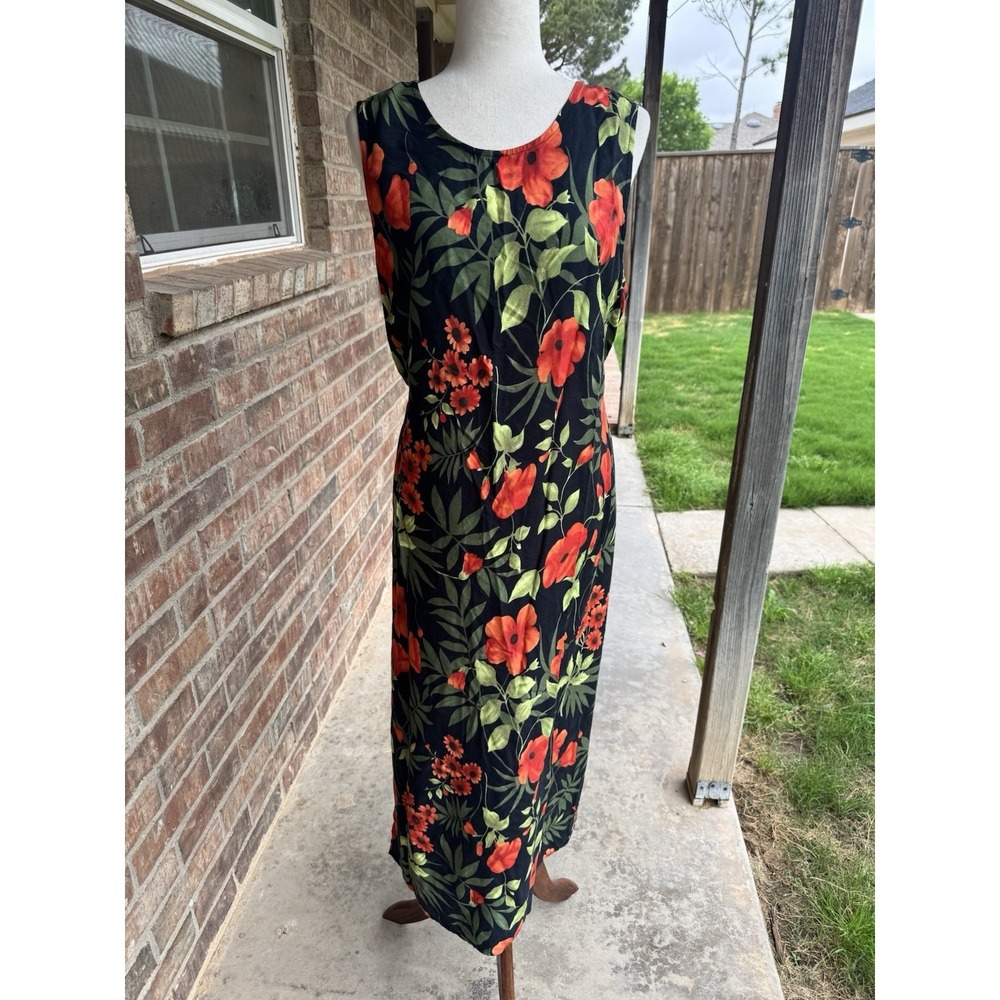 VTG Tropical Hawaiian Dress Maxi 90s Flowey Black Orange Goth Tie Back Boho XL - Picture 2 of 5